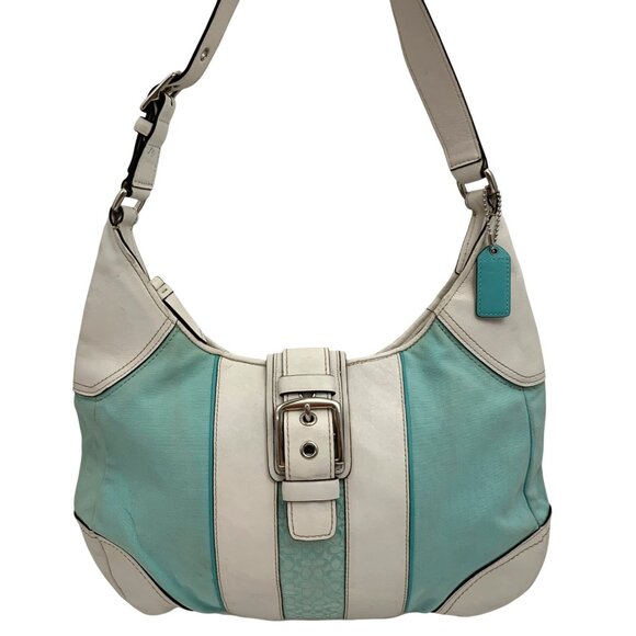 COACH F11680 Aqua Canvas w/ Leather Trim Signature Stripe Hobo Shoulder Bag +Tag - Picture 1 of 16